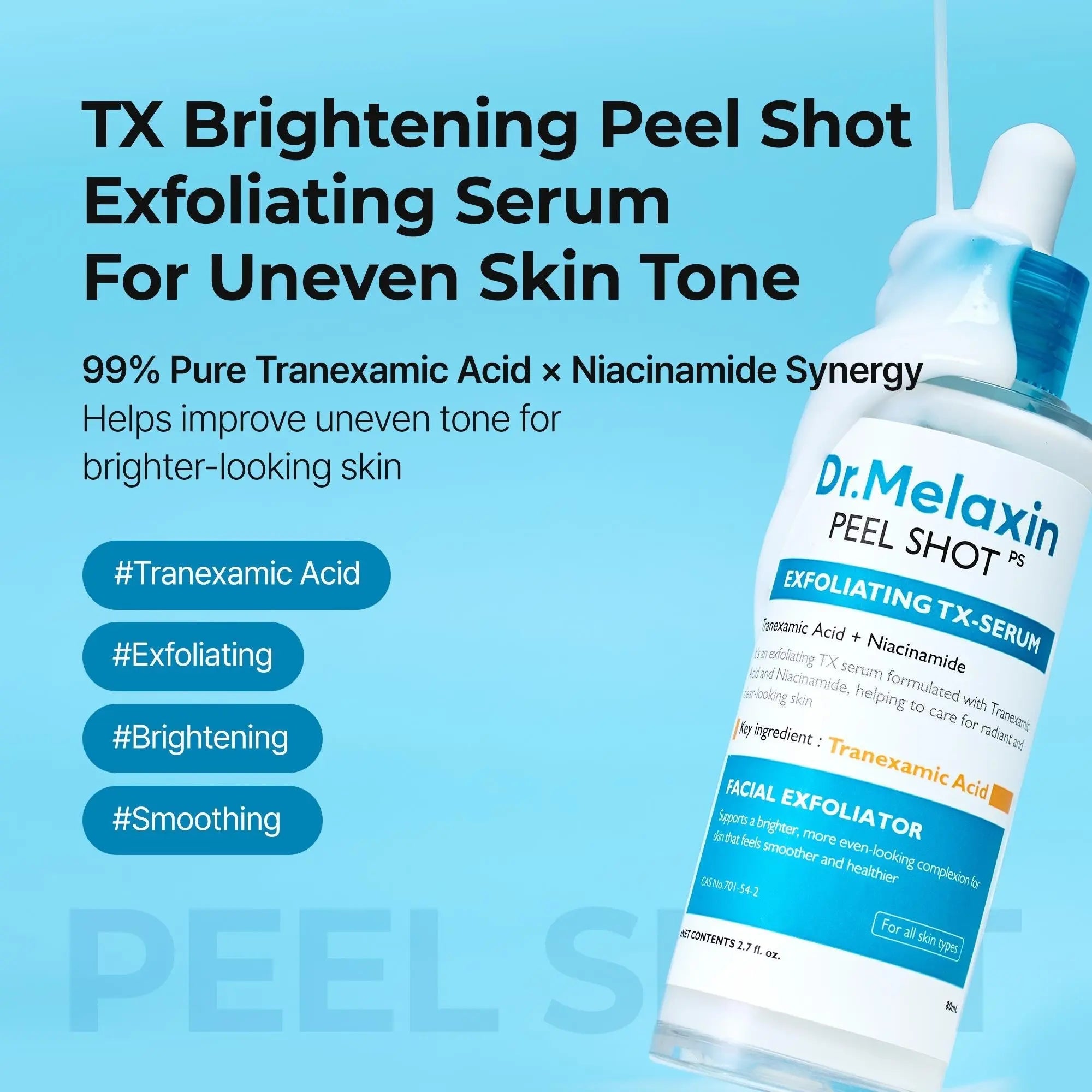 Dr.Melaxin Peel Shot Exfoliating Ampoule 4-type set showing colorful ampoule bottles for skin exfoliation and rejuvenation.