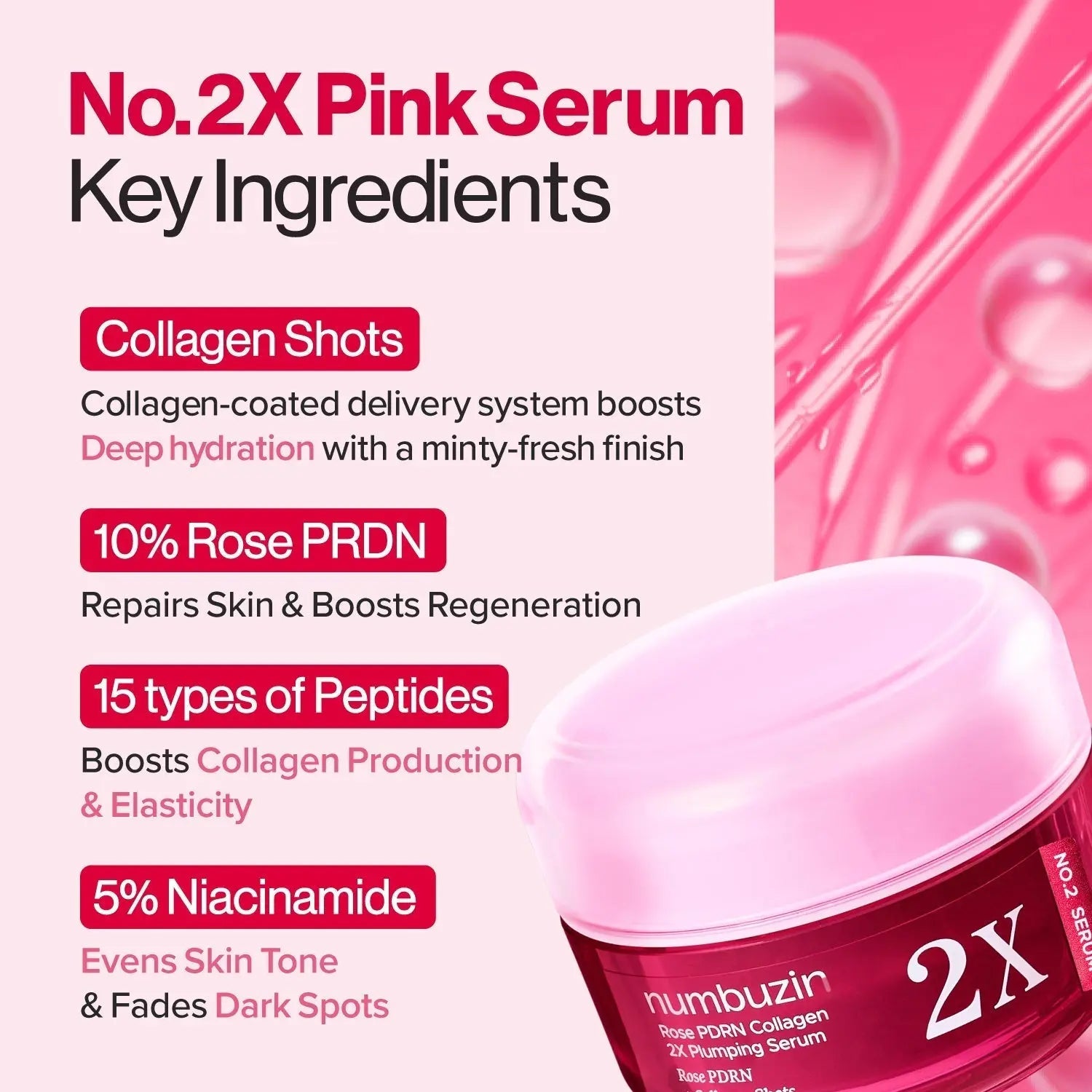 Numbuzin No.2 Rose PDRN Collagen 2X Plumping Serum + Collagen Shot 30ml Glam Secret