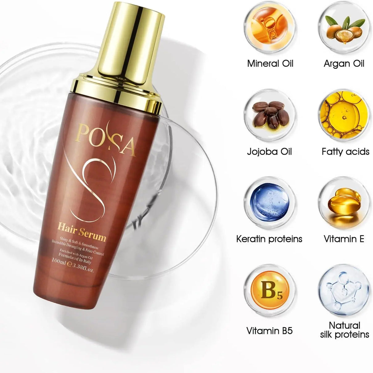 POSA 30 Seconds Rescue Smooth Hair Serum, Intense Moisture Argan Hair Oil for Dry Damaged, Silk Hair Oil,Hydrating Nature Keratin Infused for Curly Hair,Frizzy Daily Deep Moisturizing Hair Treatment Oil - JOLIE'S UAE